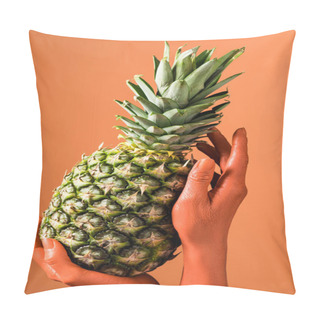 Personality  Cropped View Of Coral Colored Female Hands With Pineapple On Coral Background, Color Of 2019 Concept Pillow Covers