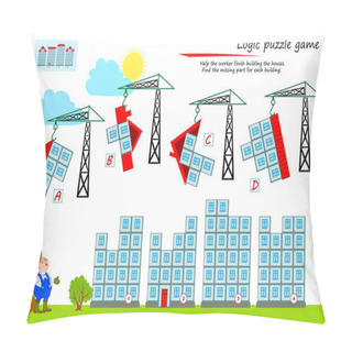 Personality  Logic Puzzle Game For Children And Adults. Help The Worker Finish Building The Houses. Find The Missing Part For Each Building. Printable Page For Kids Brain Teaser Book. Flat Cartoon Vector. Pillow Covers