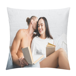 Personality  Sexy Man Kissing Smiling Girlfriend With Book On Blurred Foreground  Pillow Covers