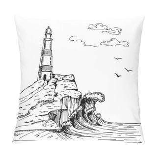 Personality  Lighthouse Vector Hand Drawn Illustrations. Sea Sketch With Rocks And Lighthouse. Hand Drawn Illustration Vector Pillow Covers