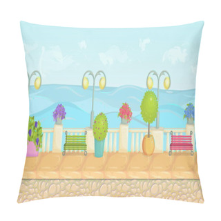 Personality  Sunny Cartoon Seafront Landscape, Endless Vector Seaside Background For Computer Games. Stone Fence, Plants, Flowers, Benches, Paving Pillow Covers