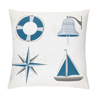 Personality  Nautical Design Elements: Boat, Bell, Lifebuoy, Compass. Marine Illustration. Pillow Covers