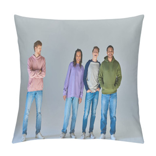 Personality  Young Friends In Everyday Clothing Smiling Sincerely And Posing On Grey Backdrop, Cultural Diversity Pillow Covers