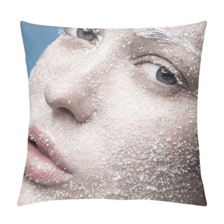 Personality  Portrait Of Girl With Pale Skin And Sugar Snow On Her Face. Creative Art Beauty Fashion. Pillow Covers