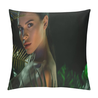 Personality  Portrait Of Sexy Woman With Green Leaves Around Isolated On Black Pillow Covers