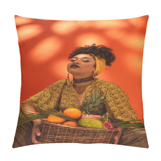 Personality  Confident Young African American Woman Holding Basket With Exotic Fruits On Orange Pillow Covers