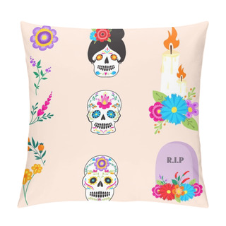 Personality  Colorful Symbols Dia De Los Muertos Holiday Day Of The Dead Vector. Pillow Covers