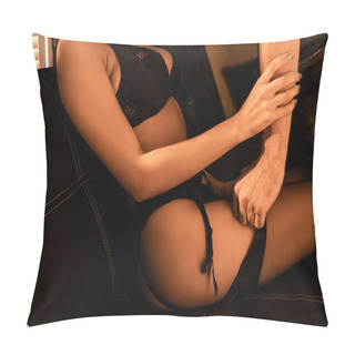 Personality  Cropped View Of Man Touching Lace Stocking Of Seductive Girl In Black Lingerie  Pillow Covers