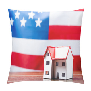 Personality  House Model On Wooden Desk Near American Flag On Blurred Background Pillow Covers