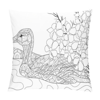 Personality  A Cute Duck On The River Image For Relaxing Activity.A Coloring Book,page For Adults.Zen Art Style Illustration For Print.Poster Design. Pillow Covers