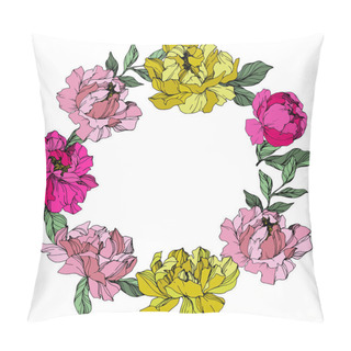Personality  Vector Pink And Yellow Peony. Floral Botanical Flower. Engraved Ink Art. Frame Border Ornament Square. Pillow Covers