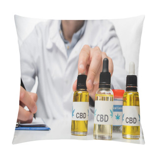 Personality  Cropped View Of Blurred Doctor Writing Prescription Near Vials With Cbd Oil Isolated On White Pillow Covers