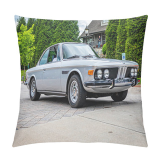 Personality  Highlands, NC - June 10, 2022: Low Perspective Front Corner View Of A 1971 BMW 3.0 CS Coupe Leaving  A Local Car Show. Pillow Covers