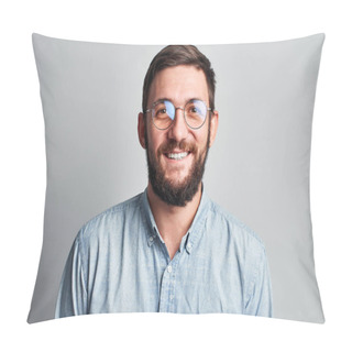 Personality  Friendly Face Portrait Of An Authentic Caucasian Bearded Man With Glasses Of Toothy Smiling Dressed Casual Against A White Wall Isolated Pillow Covers