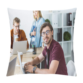 Personality  Smiling Handsome Man Working On Startup Project In Office And Looking At Camera Pillow Covers