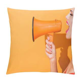 Personality  Side View Of Young Woman Screaming In Megaphone On Orange Pillow Covers