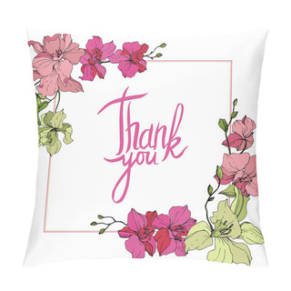 Personality  Beautiful Pink And Yellow Orchid Flowers And Square Frame. Thank You Handwriting Monogram Calligraphy. Pillow Covers