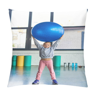 Personality  Little Cute Girl In Sportswear Holding Fitness Ball Above Head And Looking At Camera, Child Sport Pillow Covers