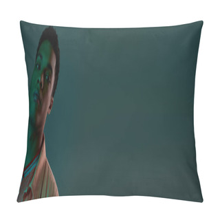 Personality  Handsome African American Man In Shirt Looking At Camera In Dark Studio With Green Light, Banner Pillow Covers