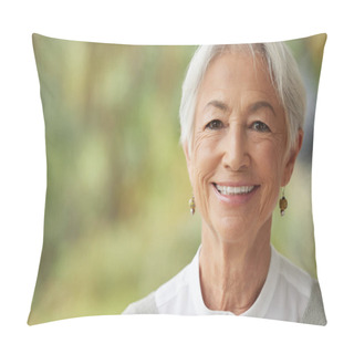 Personality  Smiling Senior Woman With Copy Space On The Side. Portrait Of A Beautiful Confident Elderly Female With Grey Hair. Face Of A Happy Pensioner Enjoying Retirement. Relaxed Wise Lady Feeling Optimistic. Pillow Covers