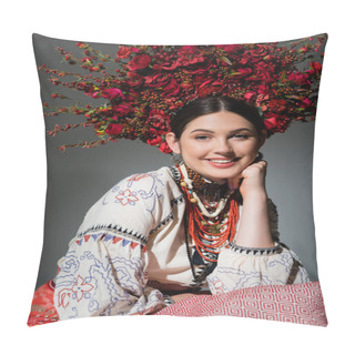 Personality  Portrait Of Happy Ukrainian Woman In Traditional Clothing And Floral Red Wreath Isolated On Grey Pillow Covers