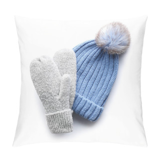 Personality  Warm Hat And Mittens On White Background Pillow Covers