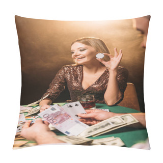 Personality  Happy Attractive Girl Playing Poker With Croupier And Holding Poker Chip At Casino Pillow Covers