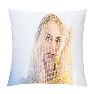 Personality  Woman Posing In Yellow String Bag On White Background Pillow Covers