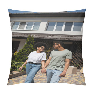 Personality  Happy African American Couple Holding Hands While Standing Near New House On Background Pillow Covers