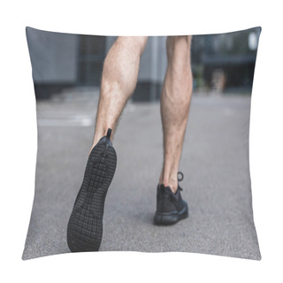 Personality  Partial View Of Sportsman In Black Sneakers Walking On Street Pillow Covers