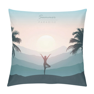 Personality  Girl Doing Yoga For Body And Soul Silhouette On Tropical Palm Background Pillow Covers