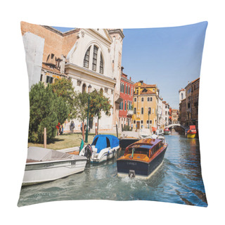 Personality  VENICE, ITALY - SEPTEMBER 24, 2019: Vaporetto Floating On Canal Near Ancient Buildings In Venice, Italy  Pillow Covers