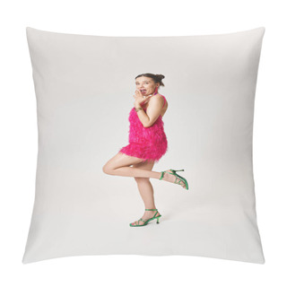 Personality  Joyful Brunette Girl In Pink Dress Cheers, Holding Hand Near Lips Playfully, Full Length Portrait Pillow Covers