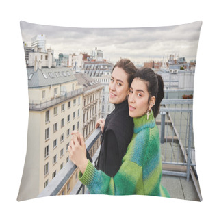 Personality  Young Lgbt Couple In Casual Attire Looking At City On Rooftop, A Moment Of Love And Connection Pillow Covers