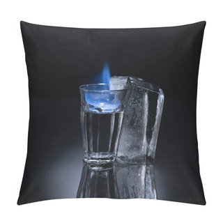 Personality  Transparent Glass With Burning Liquid Near Ice On Black Background Pillow Covers