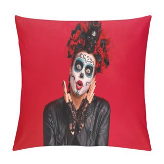 Personality  Dead Gir With Sugar Skull Makeup With A Wreath Of Flowers On Her Head And Skull, Wearth Black Gloves Opene Her Mouth In Shock Isolated On Red Background. Concept Of Halloween Or La Calavera Catrina. Pillow Covers