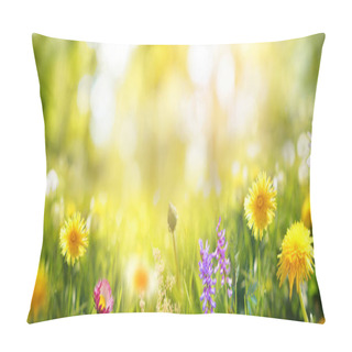 Personality  Beautiful Colorful Summer Spring Natural Flower Background In The Form Of A Banner. Wildflowers And Yellow Dandelions On A Bright Sunny Day With Beautiful Bokeh. Pillow Covers