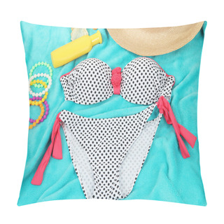 Personality  Swimsuit And Beach Items On Bright Blue Background Pillow Covers