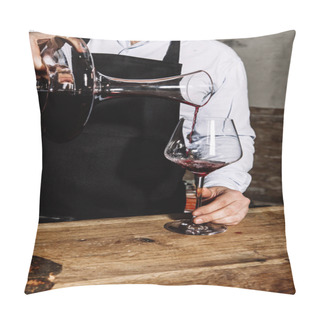 Personality  Sommelier In A Black Apron And A Light Shirt Pours Red Wine From A Decanter Into A Glass Pillow Covers