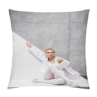 Personality  Attractive Blonde Young Woman Sitting On White And Grey  Pillow Covers