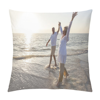 Personality  Happy Senior Couple Holding Hands Sunset Sunrise Beach Pillow Covers