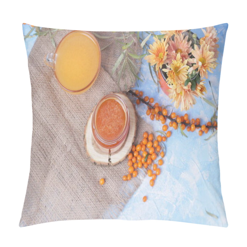 Personality  Branch Of Sea Buckthorn With Jam On Table On Sackcloth Background Pillow Covers