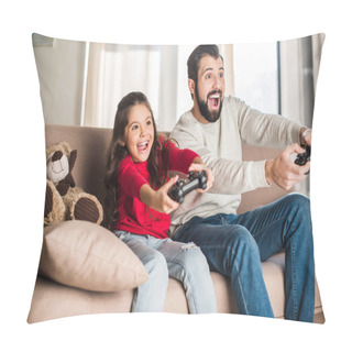 Personality  Excited Father And Daughter Playing Video Game At Home Pillow Covers