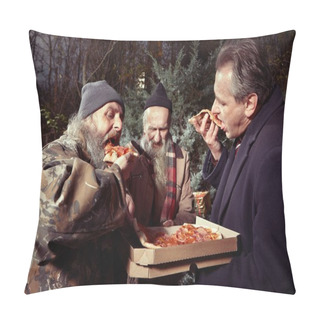 Personality  Man In Suit Met Two Homeless Men In Winter Park And Ordering Pizza Pillow Covers