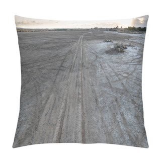 Personality  Drone Aerial Of Deserted Rural Road At Sunset In A Dry Lake. Concept Of Environmental Ecological Climate Change. Pillow Covers