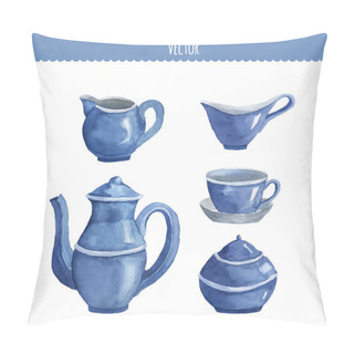 Personality  Set Of Watercolor Ware. Teapot, Cup, Milk Seller, Sugar Bowl. Ve Pillow Covers