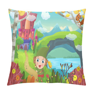 Personality  Cartoon Scene With Cheerful Smiling Dwarf Near Fairy Tale Magical Castle Illustration For Kids Pillow Covers