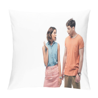 Personality  Young, Discouraged Man And Woman Looking At Each Other Isolated On White Pillow Covers