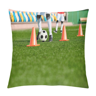 Personality  A Skilled Soccer Player Is Deftly Kicking A Soccer Ball Through A Series Of Orange Cones Set Up In A Training Drill. The Players Focus, Agility, And Control Are Evident As They Navigate The Course With Finesse. Pillow Covers