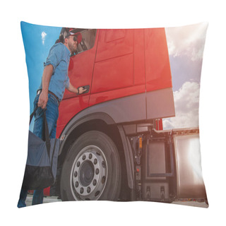 Personality  Caucasian Lorry Driver With A Bag In His Hand Opening The Cab Door To His Red Semi Truck Ready To Start Another Route And Complete A Delivery. Heavy Duty Transportation Theme. Pillow Covers